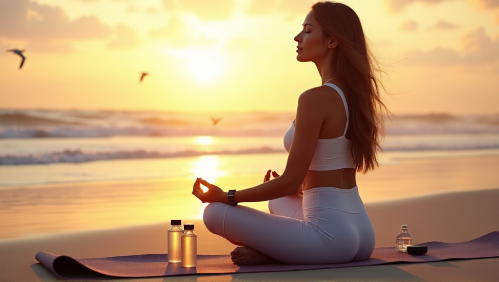"A serene woman meditates on a tranquil beach at sunrise with yoga mat, smartwatch, and crystal-infused water bottles nearby, embodying wellness tech."