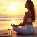 "Find Inner Peace with Fitness Gadgets That Combine Wellness and Mindfulness" "A serene woman meditates on a tranquil beach at sunrise with yoga mat, smartwatch, and crystal-infused water bottles nearby, embodying wellness tech."