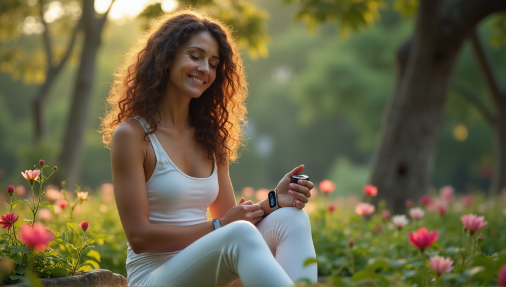 "A serene woman sits on a stone bench in a lush garden, surrounded by blooming flowers and trees, wearing wellness tech devices with soft LED lights."
