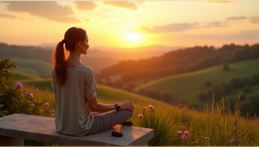 "A serene woman sits on a natural stone bench amidst lush greenery, surrounded by vibrant flowers, wearing wellness tech accessories in harmony with nature."