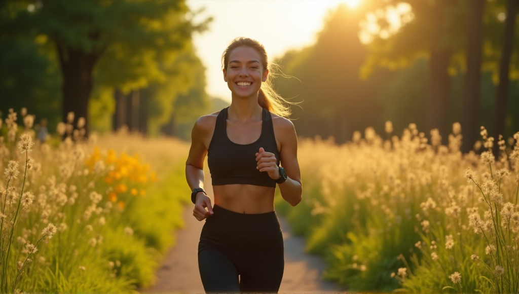 "A young woman stands confidently on a lush outdoor fitness trail, wearing sleek black sports gear with high-tech smart shoes and a wearable wellness device, surrounded by vibrant wildflowers."