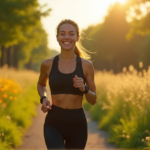 "Stay Fit with the Best Fitness Wellness Gadgets for a Healthier You" "A young woman stands confidently on a lush outdoor fitness trail, wearing sleek black sports gear with high-tech smart shoes and a wearable wellness device, surrounded by vibrant wildflowers."