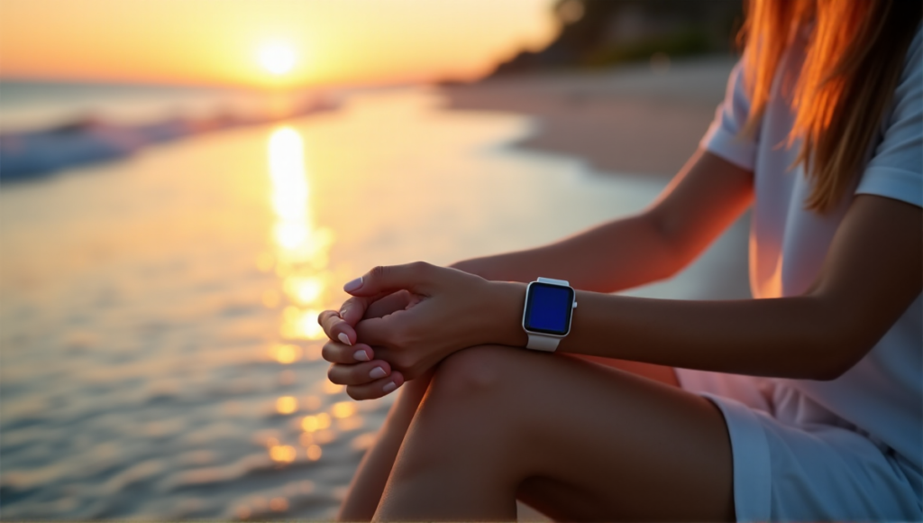 "A serene woman sits on a tranquil beach at sunset, wearing a sleek silver smartwatch with soft blue glow, exuding inner peace amidst gentle waves and warm golden light."