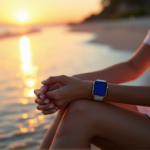 Discover Stress Relief Devices That Work for You Today: Top Wearables for Calm Mind and Inner Peace "A serene woman sits on a tranquil beach at sunset, wearing a sleek silver smartwatch with soft blue glow, exuding inner peace amidst gentle waves and warm golden light."