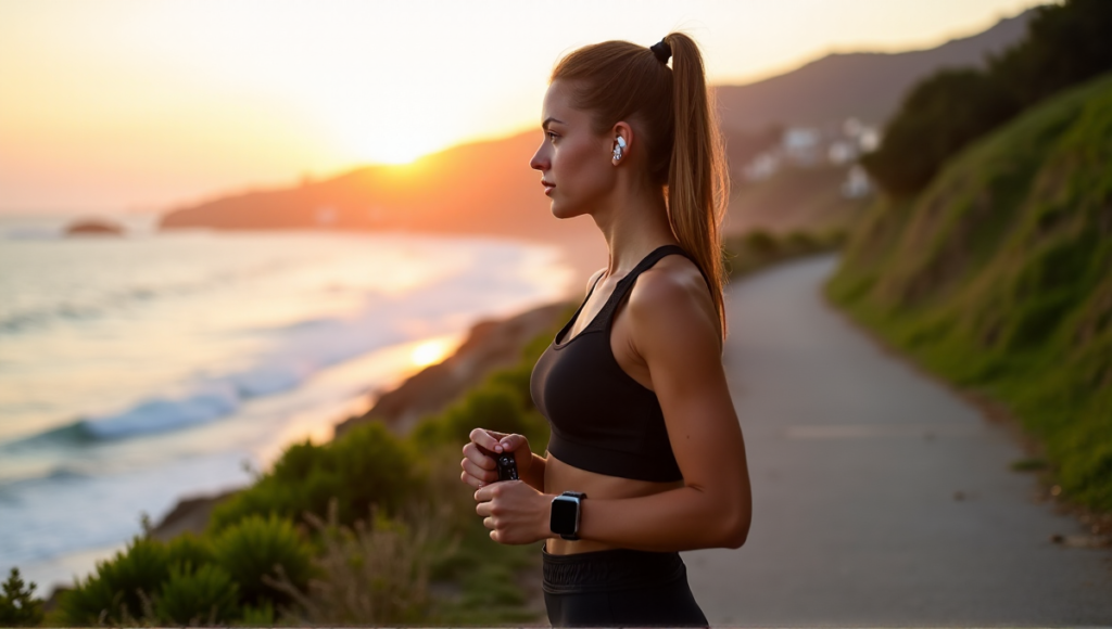 "A young woman stands confidently on a coastal path at sunrise, wearing fitness tracking devices and gazing out to sea with determination."