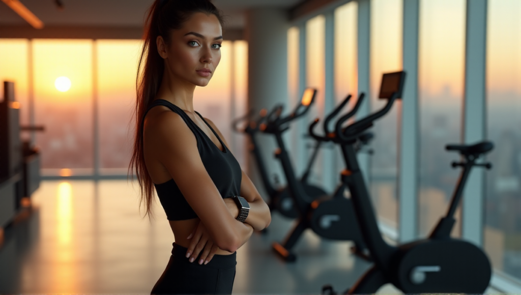 "A young woman in a black sports outfit stands confidently amidst modern wellness tech gadgets, surrounded by a minimalist gym with city views at sunset."