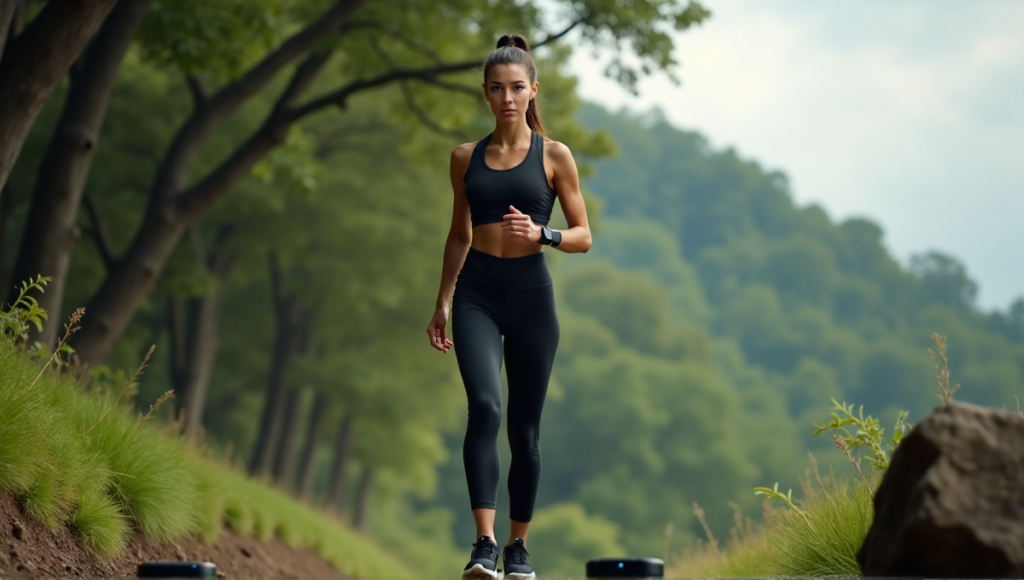 "A young woman in a sleek black sports outfit stands confidently on an outdoor trail surrounded by lush greenery, wearing wellness tech gadgets."