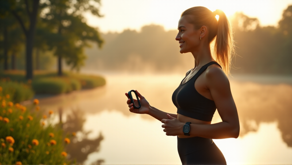 "A woman stands confidently on a dock overlooking a tranquil lake, holding an advanced fitness activity tracker, exuding determination and self-assurance in a serene wellness tech scene."