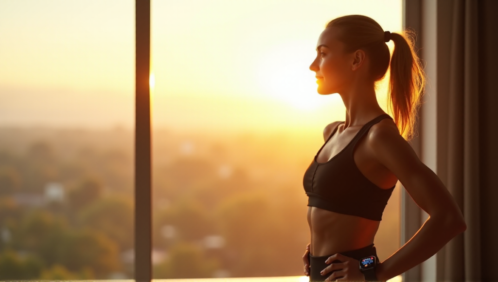 "A young woman stands confidently in front of a serene outdoor landscape at dawn, wearing sleek black sports attire and holding wellness tech devices on her wrist and ankle."