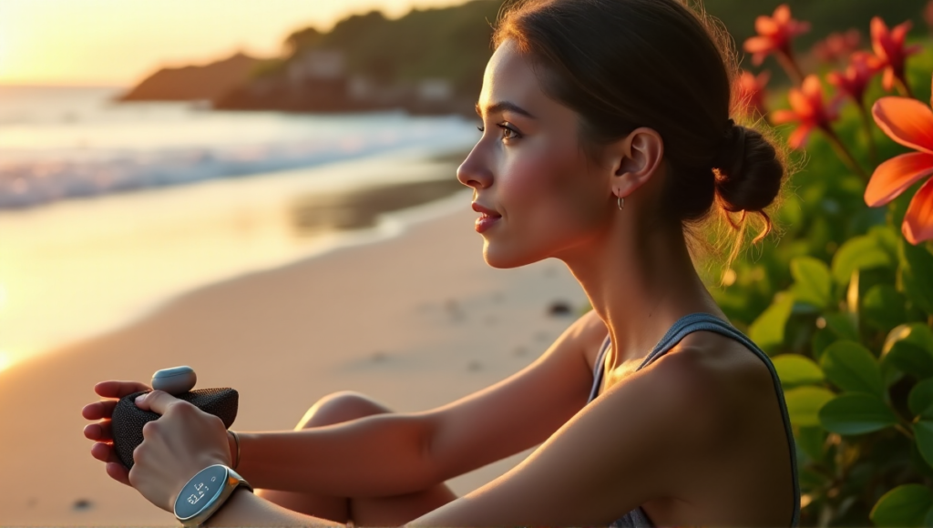 "A serene woman sits on a tranquil beach at dawn, wearing a sleek smartwatch and holding a compact fitness tracker amidst lush greenery and tropical flowers."
