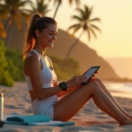 "Unlock Total Wellness with Top Health Monitoring Wearables and Smart Devices" "A young woman sits on a serene beach at sunset, surrounded by lush greenery, wearing a smartwatch and holding a tablet displaying her vital signs and health metrics."