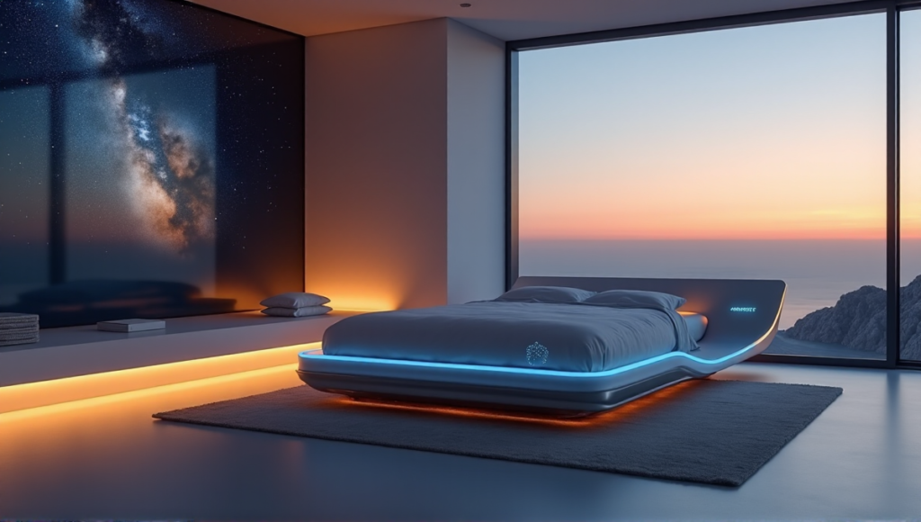 "A serene bedroom scene featuring a high-tech smart bed with integrated sensors and LED lights, surrounded by plush bedding and an expansive window framing a peaceful night sky."