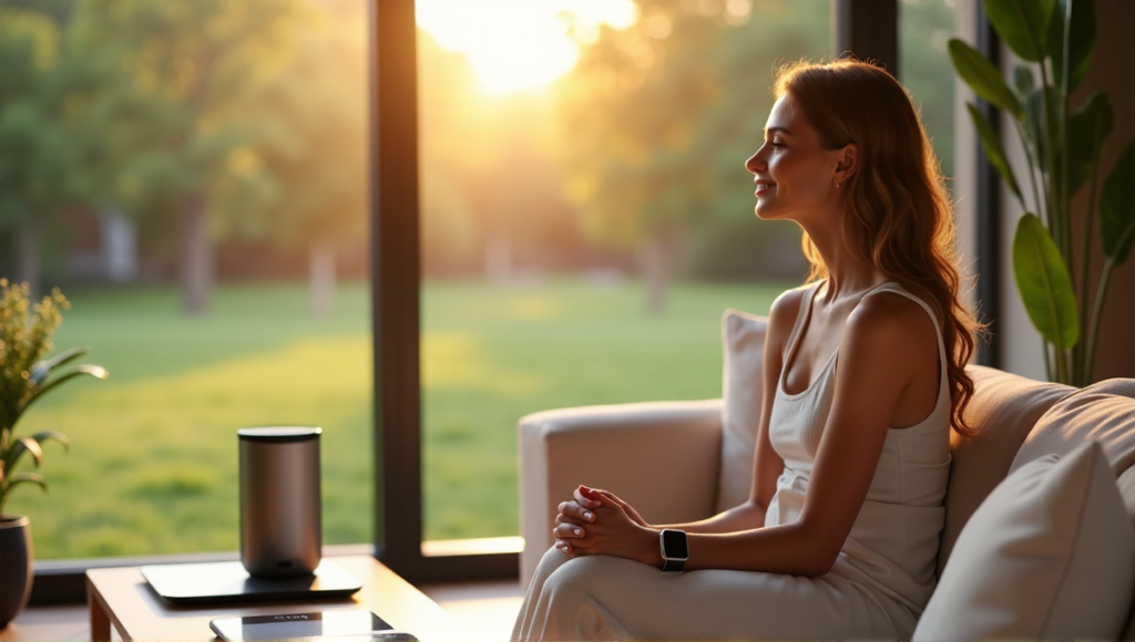 "A woman relaxes on a couch surrounded by wellness tech, including an Apple Watch, Fitbit scale, and air purifier, in a serene living room with natural light."
