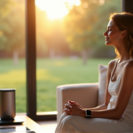 Smart Health Solutions Unlocked: Top Picks for Optimal Wellness "A woman relaxes on a couch surrounded by wellness tech, including an Apple Watch, Fitbit scale, and air purifier, in a serene living room with natural light."