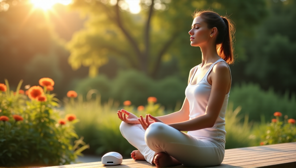 "A serene woman meditates in a peaceful garden with wellness tech gadgets on her lap."