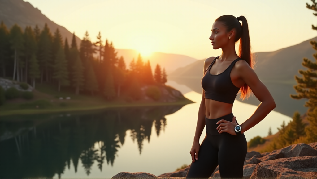 "A young woman stands confidently on rugged terrain overlooking a serene lake at sunrise, wearing a sleek black sports outfit and high-end smart fitness tracker."