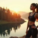 Achieve Your Goals with Top Fitness Trackers That Work as Hard as You Do - Unlock Better Health and Wellness Harmony with Smart Tech Solutions "A young woman stands confidently on rugged terrain overlooking a serene lake at sunrise, wearing a sleek black sports outfit and high-end smart fitness tracker."