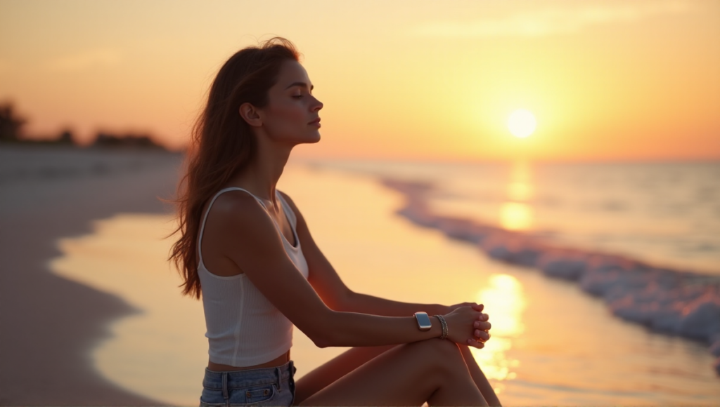 "A young woman sits on a serene beach at sunset, wearing a sleek silver health monitoring device with soft glow, surrounded by calm ocean waves."