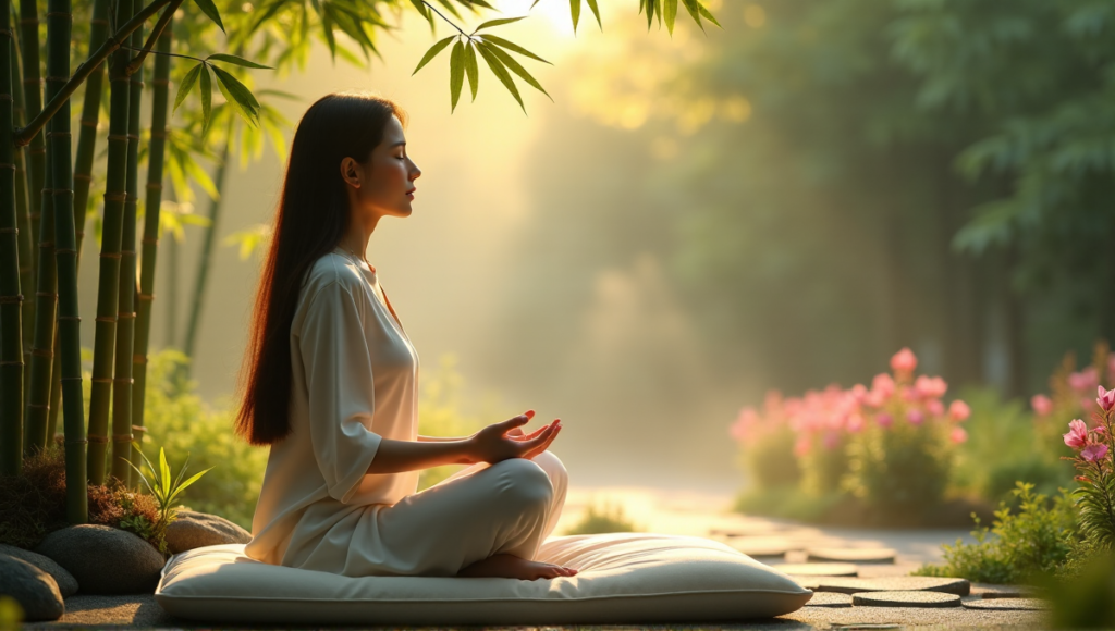 "A serene woman meditates in a peaceful Zen garden setting amidst lush greenery and vibrant flowers, exuding calmness and inner peace."