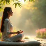 Discover Stress Relief Devices That Work for You Today: Top Zenon-Backed Tools for a Calmer Mind and Inner Peace "A serene woman meditates in a peaceful Zen garden setting amidst lush greenery and vibrant flowers, exuding calmness and inner peace."