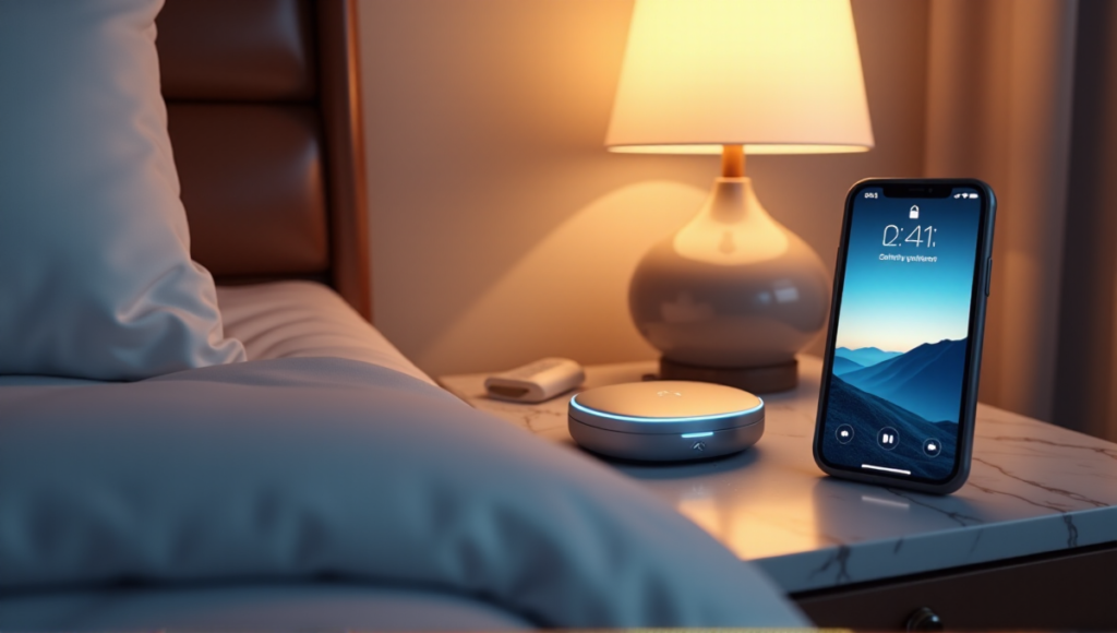 "A sleek silver sleep tracker device on a minimalist nightstand next to a smartphone displaying a calming alarm clock interface in a serene bedroom with warm candlelight and natural light."