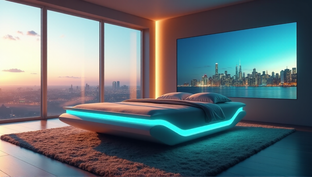 "A serene bedroom featuring a sleek smart bed with an integrated LED display, surrounded by soft lighting and a peaceful ambiance, perfect for relaxation and rejuvenation through cutting-edge sleep technology innovations."