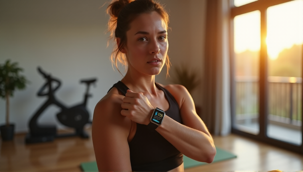 "A person mid-workout in a modern home gym, wearing a sleek silver smart fitness tracker with real-time metrics displayed on its touchscreen."