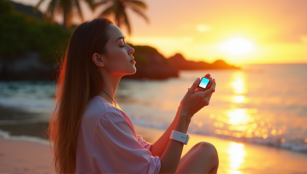"A serene woman sits on a tranquil beach at sunset, surrounded by lush greenery, holding an Apple Watch and smart fitness tracker, embodying wellness tech in harmony with nature."