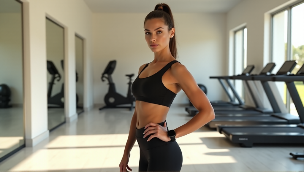 "A young woman stands confidently in a modern fitness studio surrounded by cutting-edge wellness technology gadgets, showcasing her toned physique and commitment to achieving fitness goals with the help of innovative wellness tech."