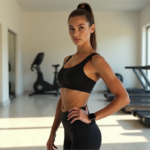 "A young woman stands confidently in a modern fitness studio surrounded by cutting-edge wellness technology gadgets, showcasing her toned physique and commitment to achieving fitness goals with the help of innovative wellness tech."