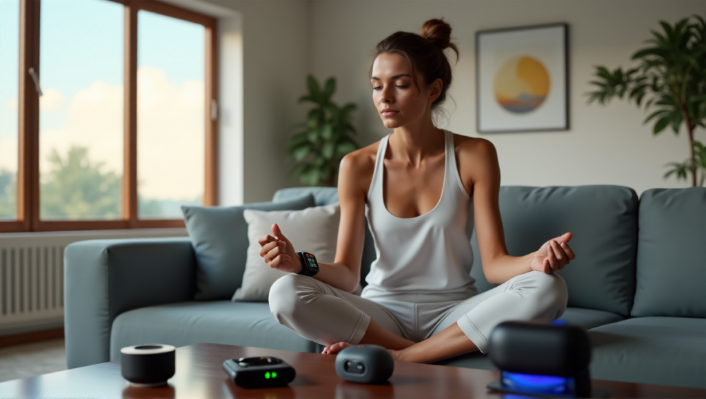 "A young woman sits on a gray couch surrounded by wellness gadgets and apps in a minimalist living room, showcasing various innovative wellness technologies."