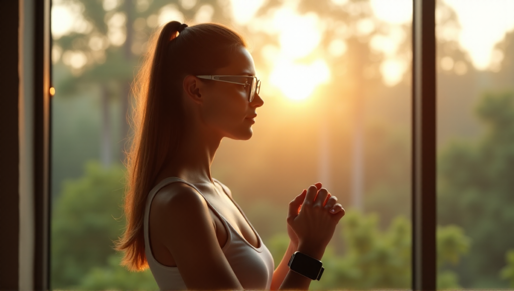 "A young woman stands confidently in front of a misty forest at dawn, wearing a sleek smartwatch and high-tech glasses, embodying wellness tech and inner strength."