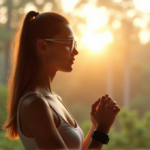 Smart Health Essentials: Unlock Optimal Wellness with AI-Powered Wearables and Gadgets "A young woman stands confidently in front of a misty forest at dawn, wearing a sleek smartwatch and high-tech glasses, embodying wellness tech and inner strength."