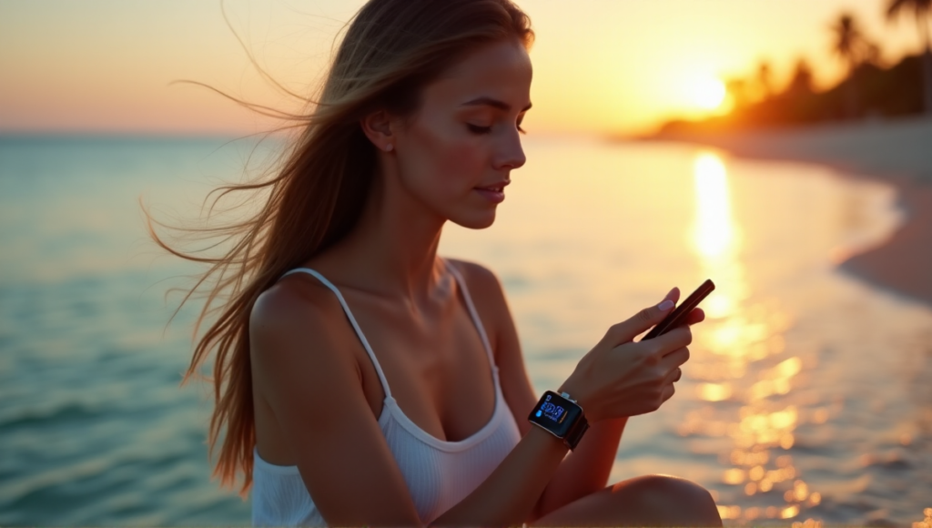 "A young woman sits on a beach at sunrise, monitoring her health with a smartwatch and device, exuding peaceful determination."