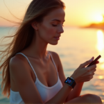 Unlock Your Optimal Health with Top Health Monitoring Wearables and Smart Devices "A young woman sits on a beach at sunrise, monitoring her health with a smartwatch and device, exuding peaceful determination."