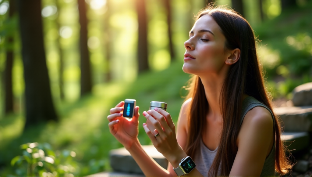 "A serene woman sits on a natural stone bench in a lush forest, surrounded by stress relief devices, exuding an aura of tranquility with wellness tech."