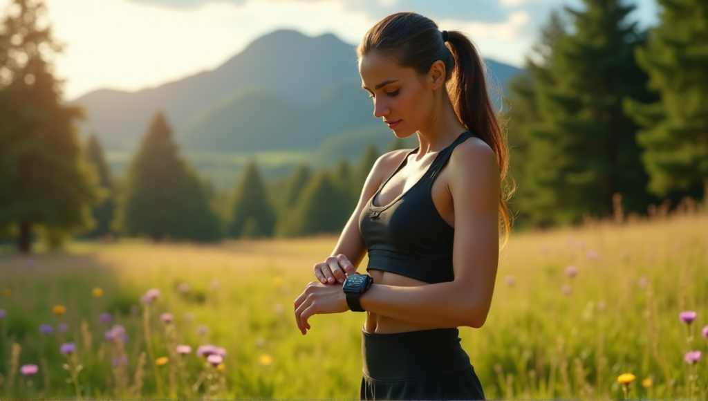 "A young woman stands confidently in a serene meadow, wearing a sleek black sports watch and smart glasses, surrounded by lush greenery and vibrant wildflowers."