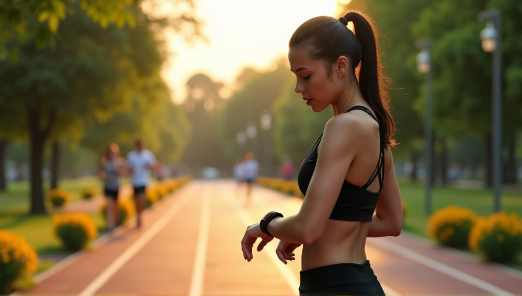 "A young woman stands confidently on a running track, wearing a sleek black sports outfit with a fitness tracker on her wrist, surrounded by lush greenery in a serene park setting."
