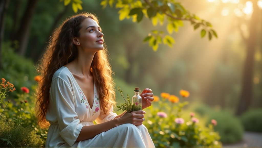 "A serene woman sits on a natural stone bench amidst lush greenery, surrounded by misty forest dawn light, blending wellness tech with nature's harmony."