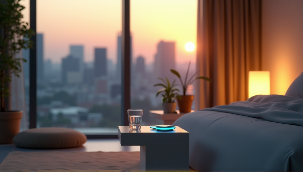 "A serene bedroom scene at dusk featuring a smart sleep tracker on a minimalist nightstand surrounded by calming objects and warm sunlight."