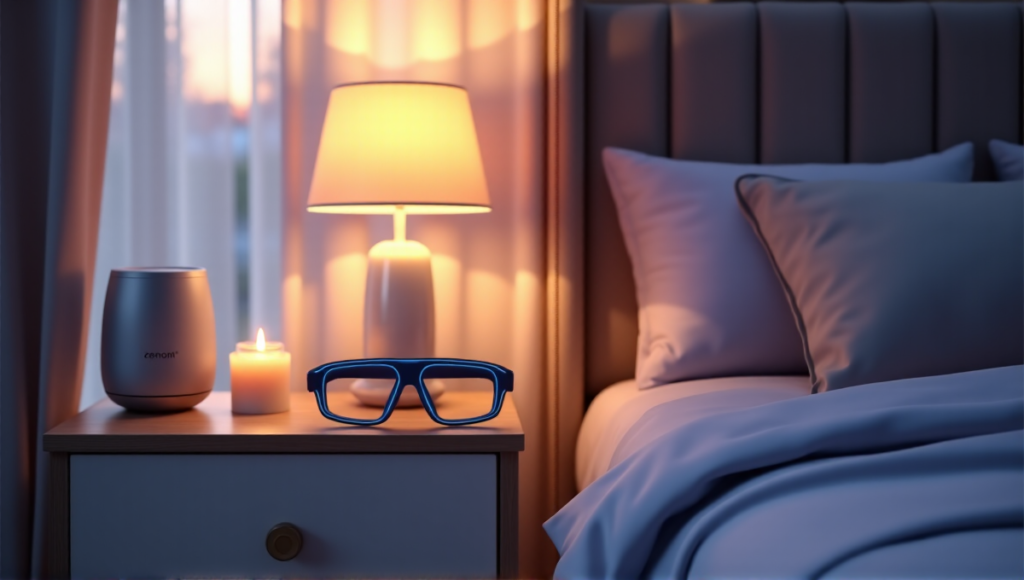 "A serene bedroom at dusk featuring Zenon's Expert Sleep Tech products, promoting wellness through soothing ambiance and cutting-edge sleep technology."