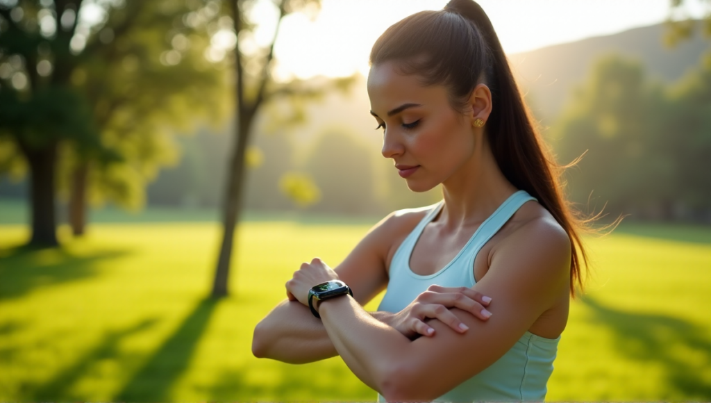 "A young woman outdoors in a serene morning setting, wearing a smartwatch on her wrist, monitoring vital signs and tracking wellness progress with a look of calm determination."