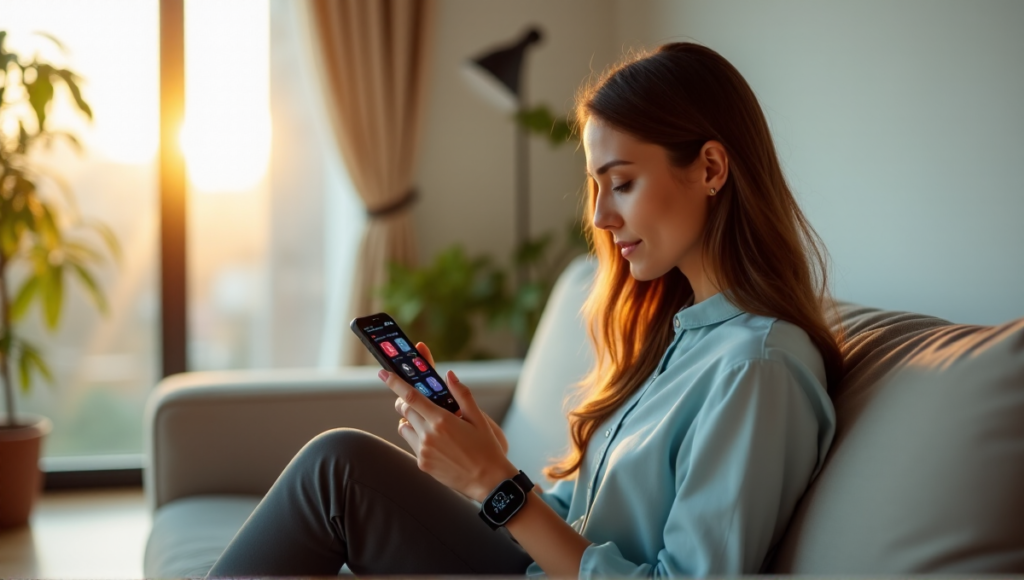 "A woman in her mid-30s sits on a couch, using health monitoring apps on her smartphone and smartwatch, surrounded by minimalist decor and natural light."
