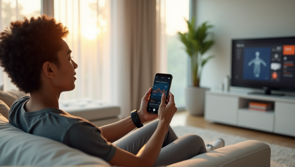 "A young adult sits on a minimalist couch, wearing a sleek smartwatch and holding a smartphone displaying heart rate and blood oxygen levels, surrounded by wellness tech and health-related items in a serene living room."
