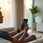 Top Health Monitoring Wearables and Apps That Deliver Results "A young adult sits on a minimalist couch, wearing a sleek smartwatch and holding a smartphone displaying heart rate and blood oxygen levels, surrounded by wellness tech and health-related items in a serene living room."