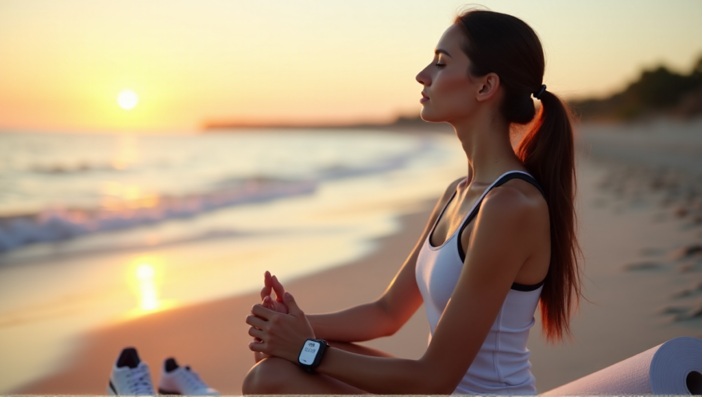 "A young woman sits on a serene beach at sunrise, wearing a sleek black sports watch with silver strap, holding yoga mat and minimalist running shoes, exuding calmness and wellness through advanced wearable technology."