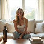 "A serene home office space featuring a woman surrounded by wellness products, including a water bottle, yoga mat, and books, amidst calming artwork and lush greenery."