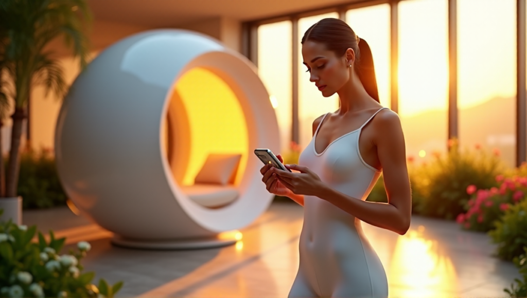 "A woman in a white jumpsuit stands confidently near a futuristic wellness pod, holding a Zenon device with pulsing LED lights."