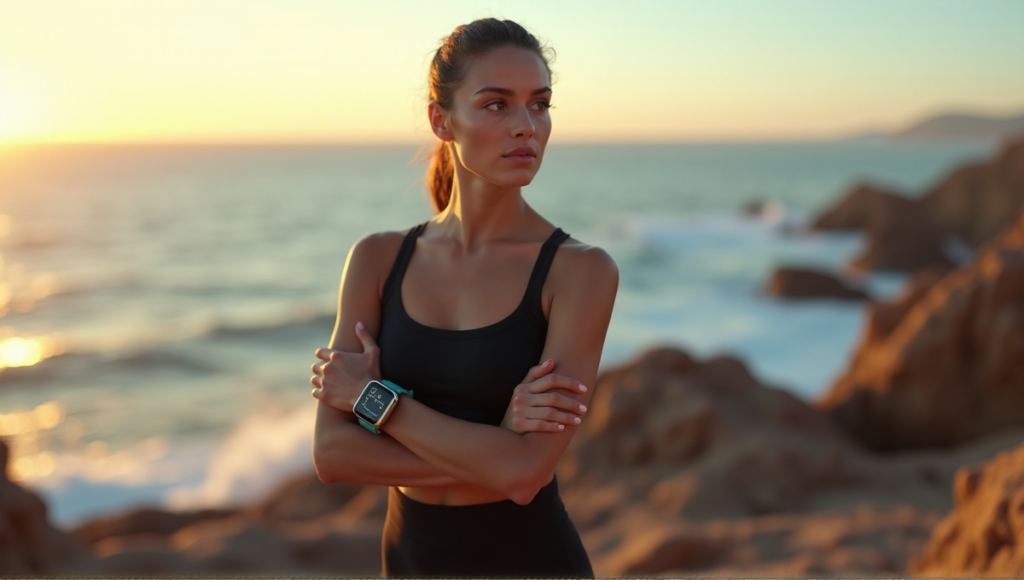"A young woman stands confidently on a rocky coastline at sunrise, wearing fitness gear and holding high-end trackers, surrounded by wellness tech gadgets."