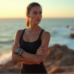 "A young woman stands confidently on a rocky coastline at sunrise, wearing fitness gear and holding high-end trackers, surrounded by wellness tech gadgets."